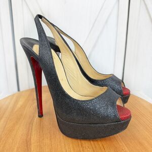 Christian Louboutin Lady Peep Glitter Platform Slingback Pumps Black Red 37.5